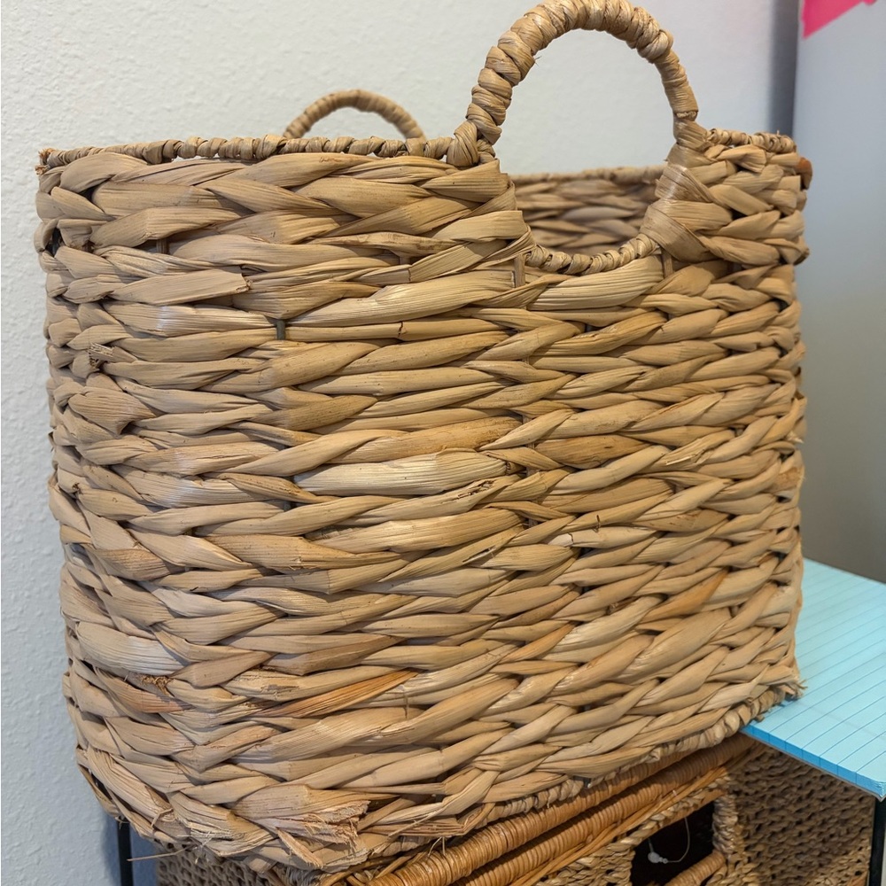 Natural Woven Seagrass Tote Basket with Handles 14” tall and about 18” long